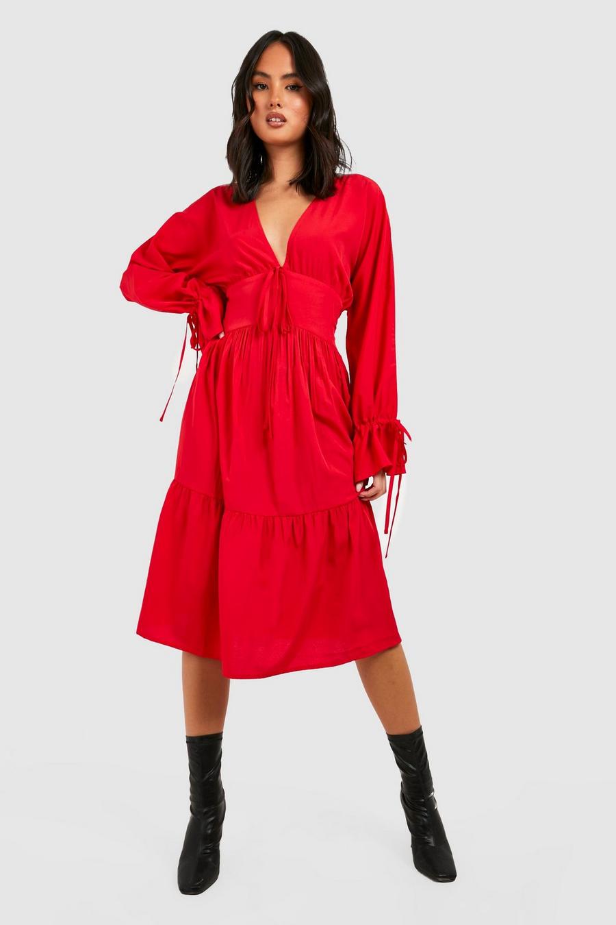 Red Tiered Bow Detail Midi Dress