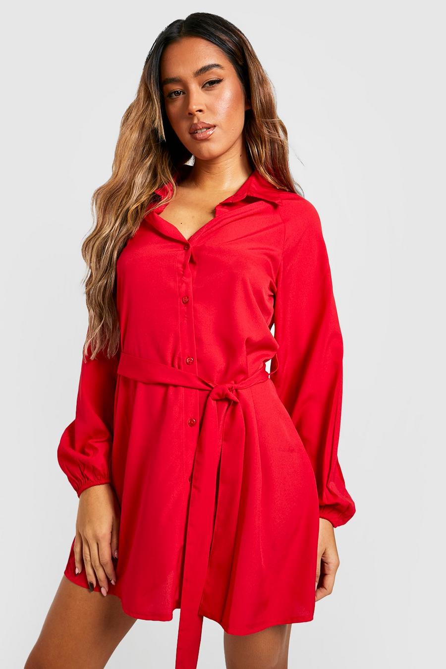 Red Belted Button Through Shirt Dress image number 1