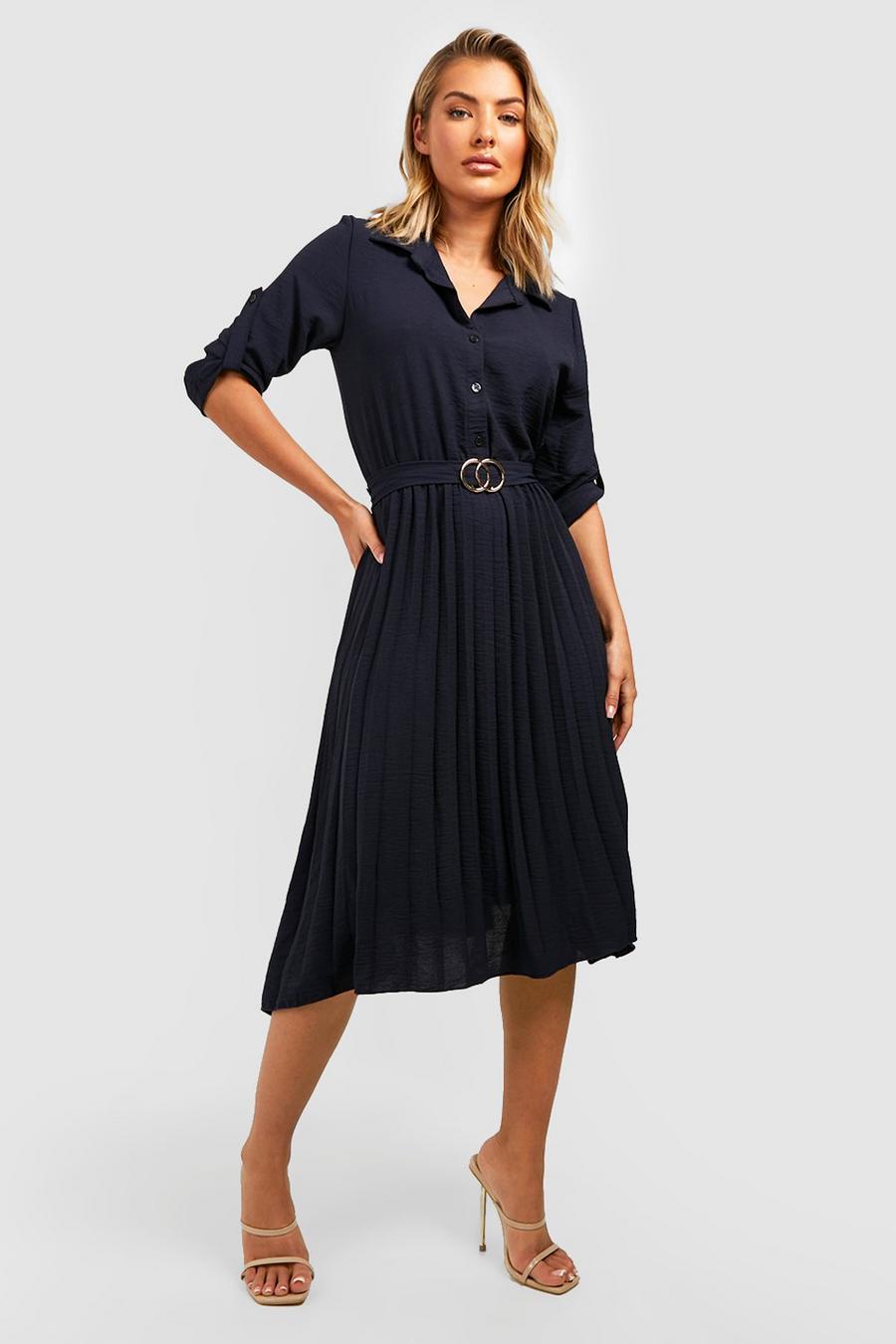 Navy Belted Pleated Midi Shirt Dress image number 1