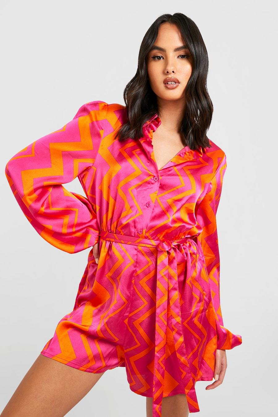Pink Abstract Belted Shirt Playsuit image number 1