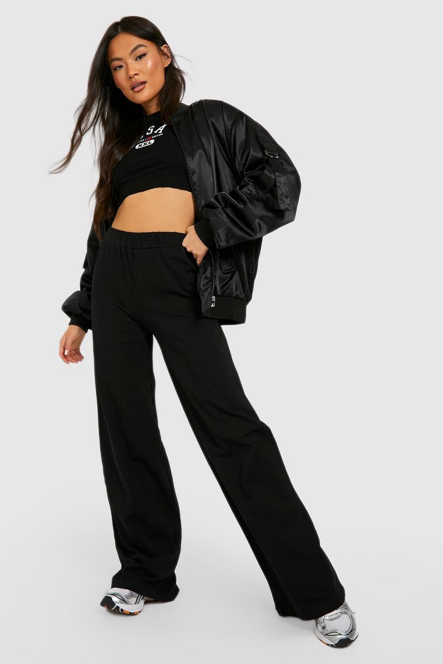 Black Basic Cotton High Waisted Wide Leg Trousers image number 1