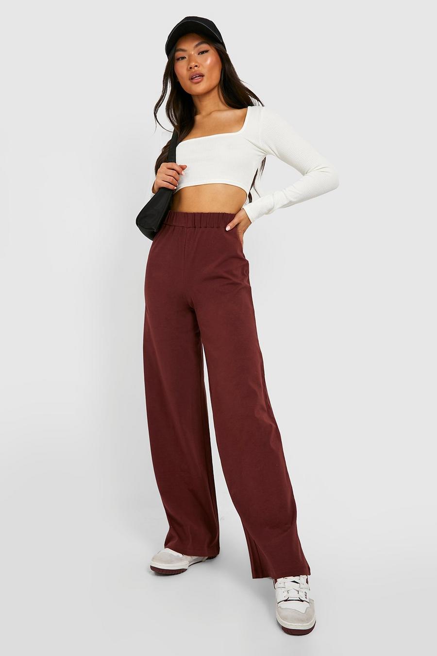 Chocolate Basic Cotton High Waisted Wide Leg Trousers image number 1