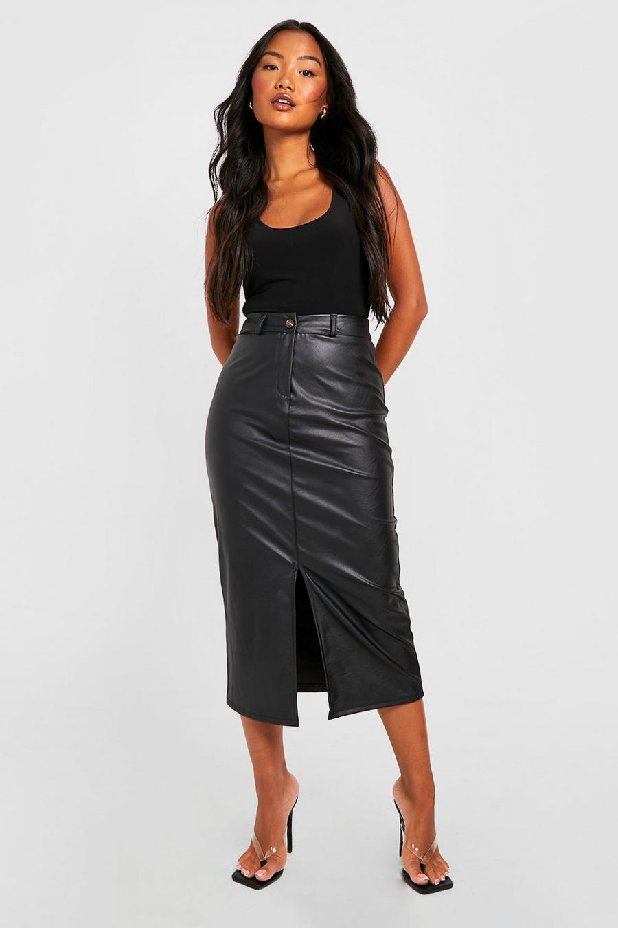 Black Petite Pu High Waist Front Split Midi Skirt