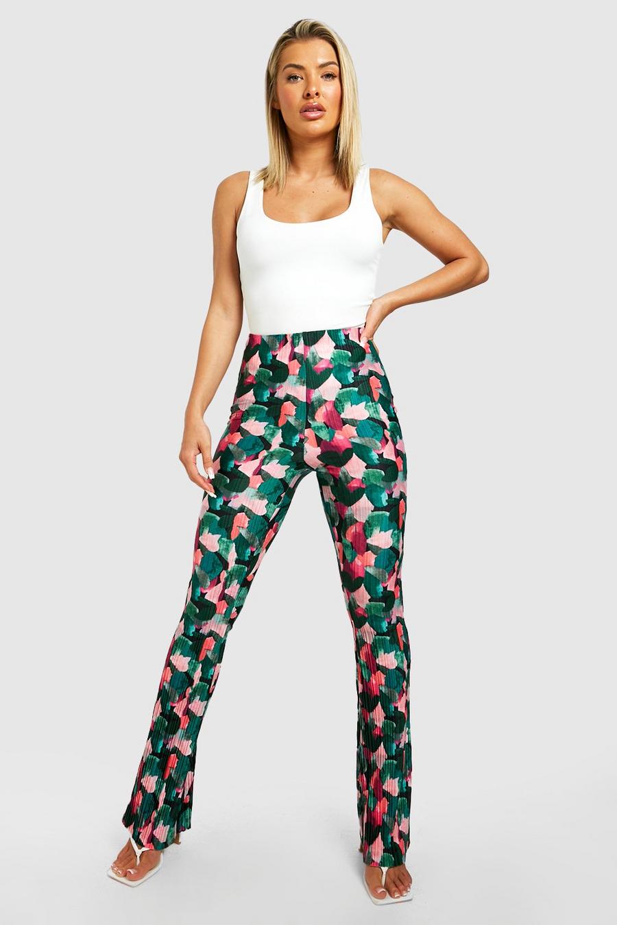Teal Abstract Plisse High Waisted Flared Pants image number 1