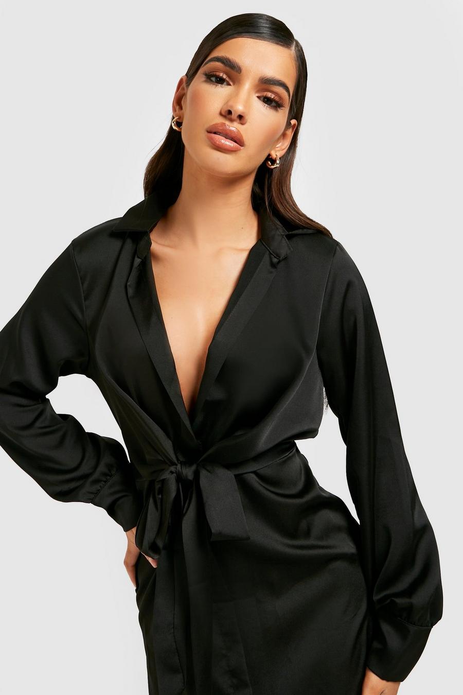 Black Satin Knot Front Midi Shirt Dress image number 1