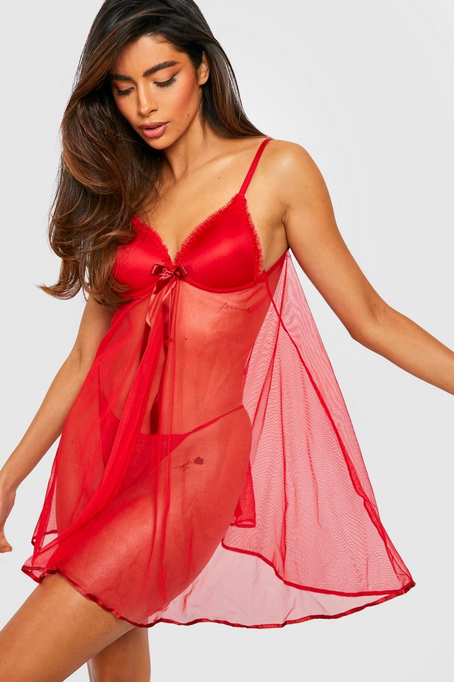 Saint-Valentin - Ensemble de lingerie avec robe babydoll push-up et string, Red image number 1
