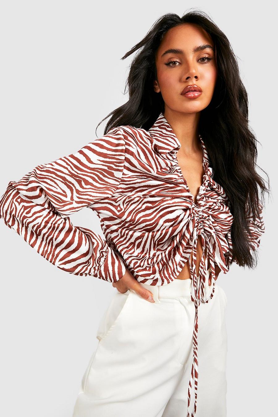 Chocolate Satin Zebra Print Ruched Front Shirt image number 1