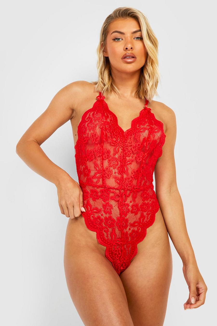 Red Lace Cross Back Crotchless Bodysuit 