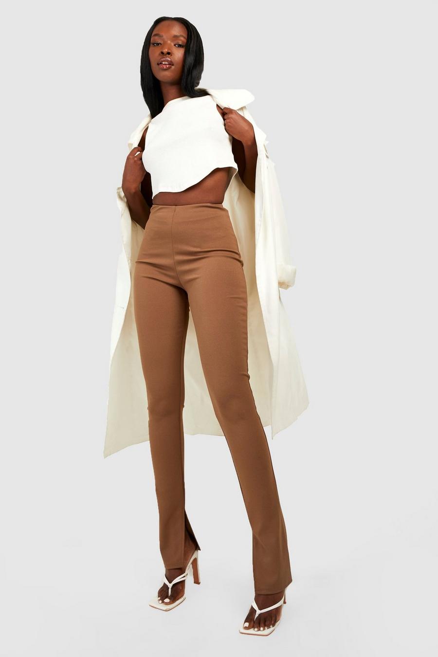 Taupe beige Inside Split Full Length Straight Fit Trousers image number 1