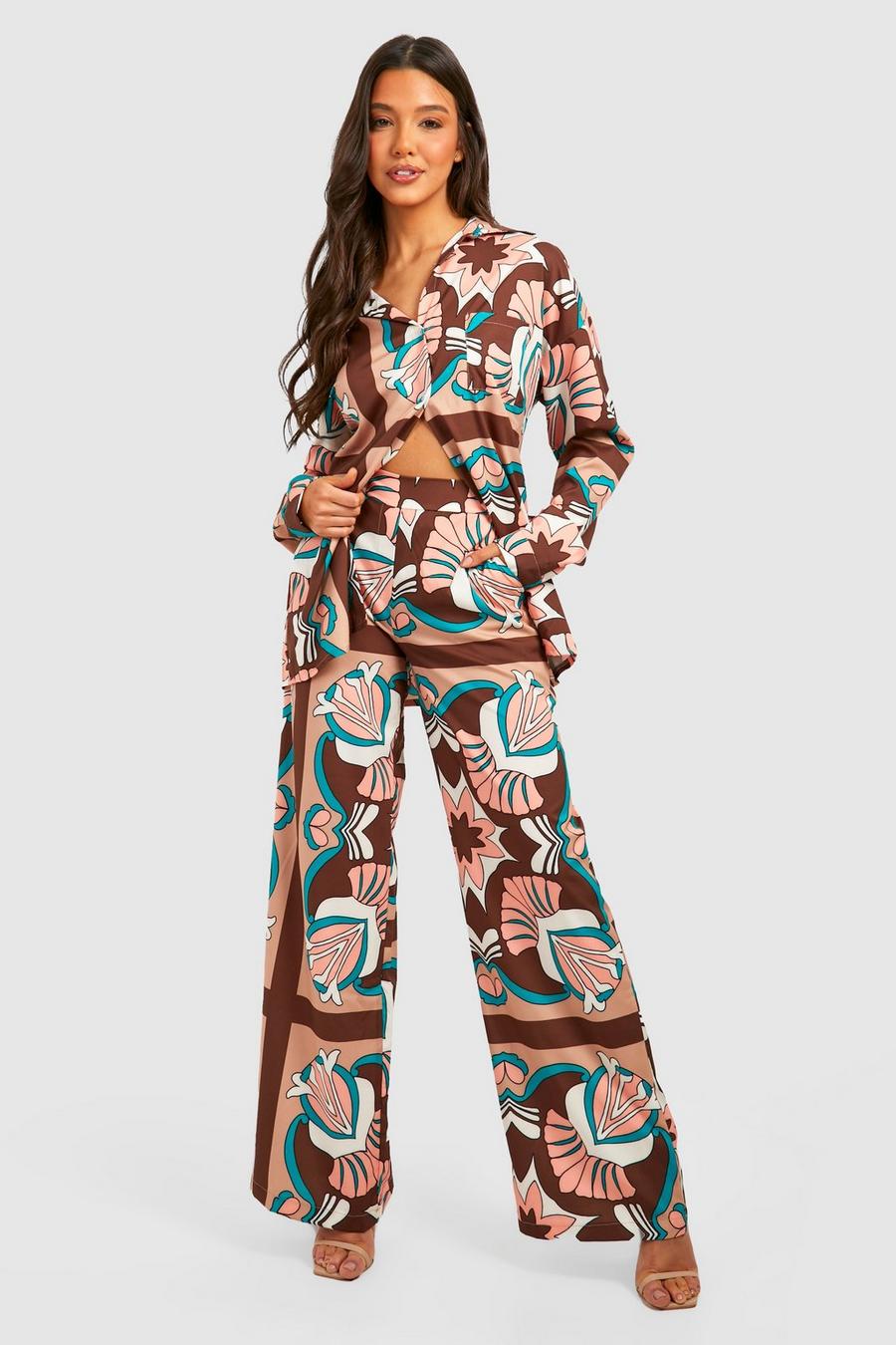 Chocolate brown Abstract Print Relaxed Fit Wide Leg Trousers