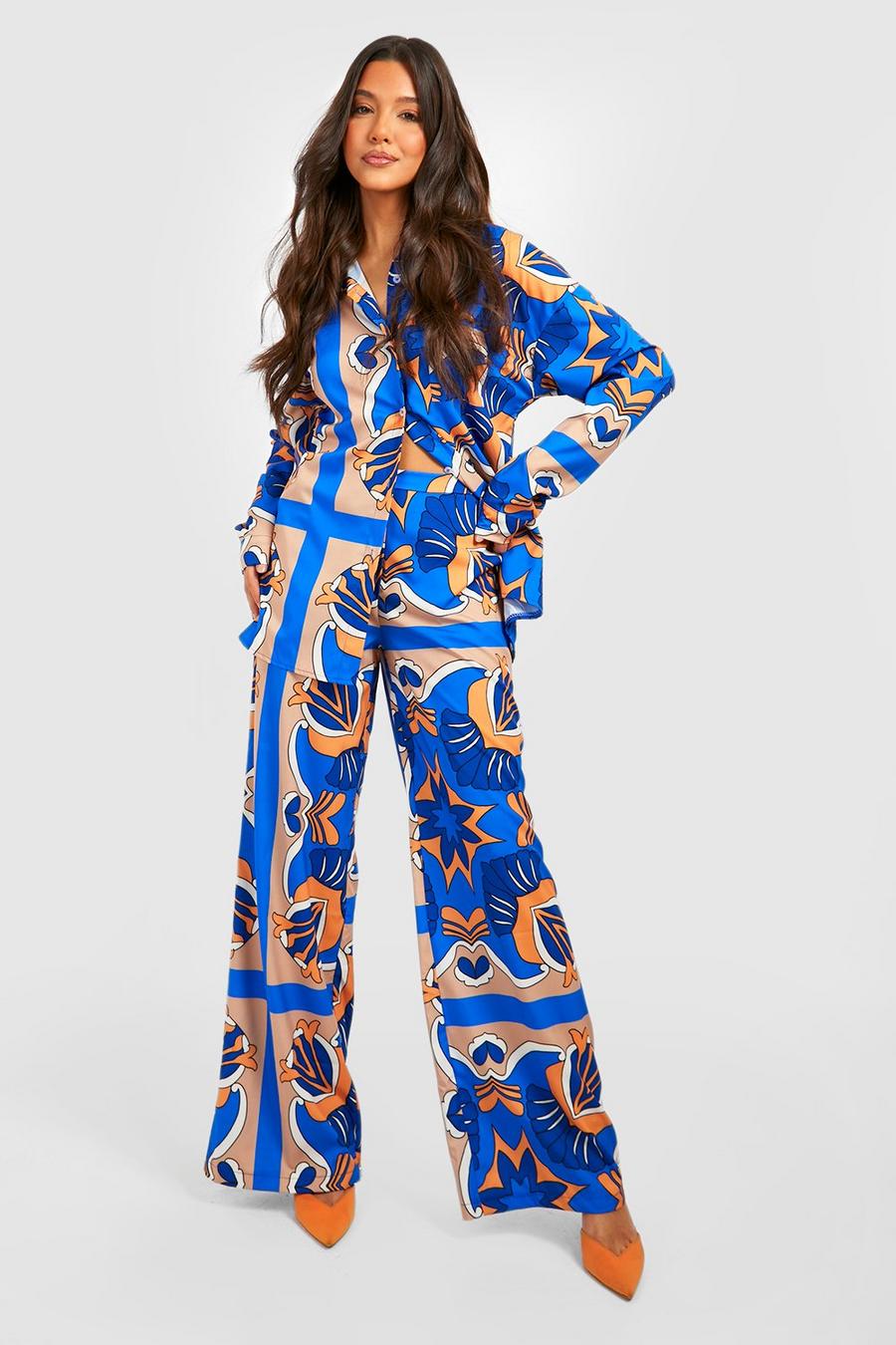 Cobalt blue Abstract Print Relaxed Fit Wide Leg Pants