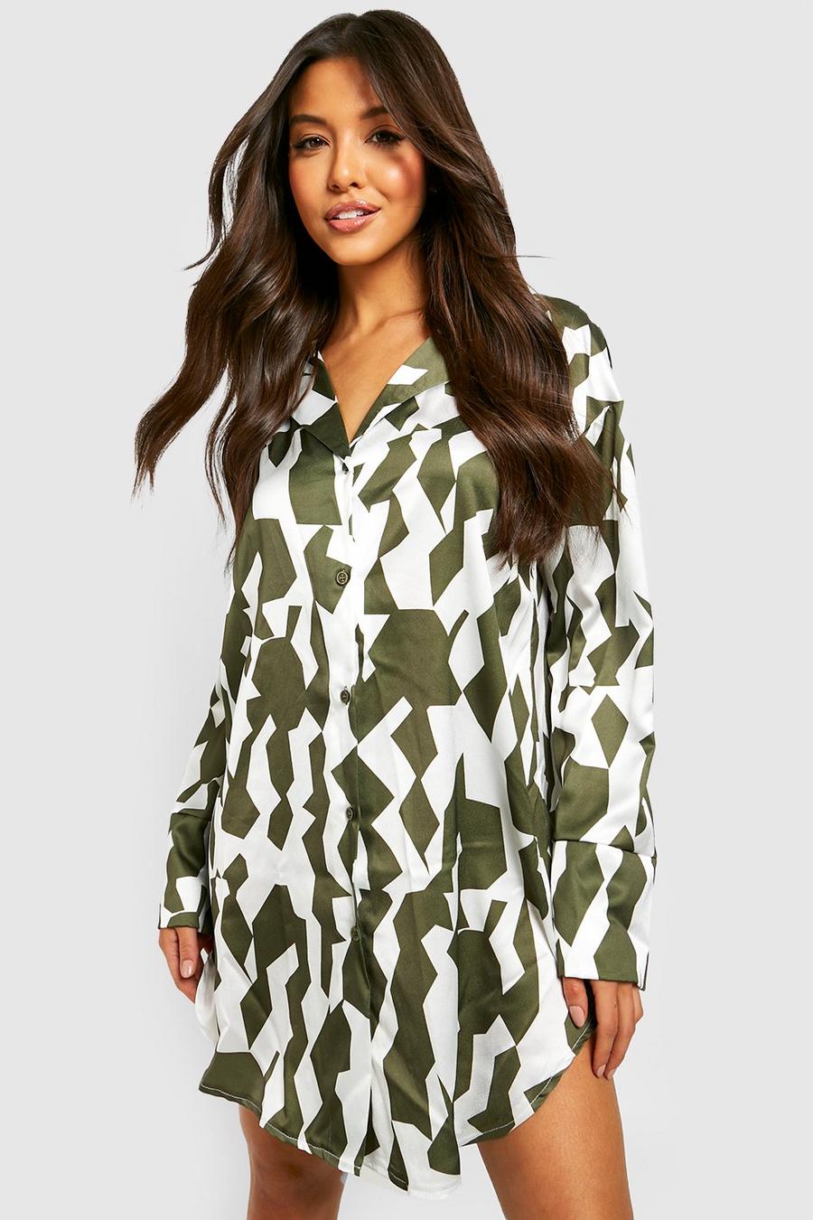 Khaki Satin Abstract Print Oversized Shirt Dress image number 1