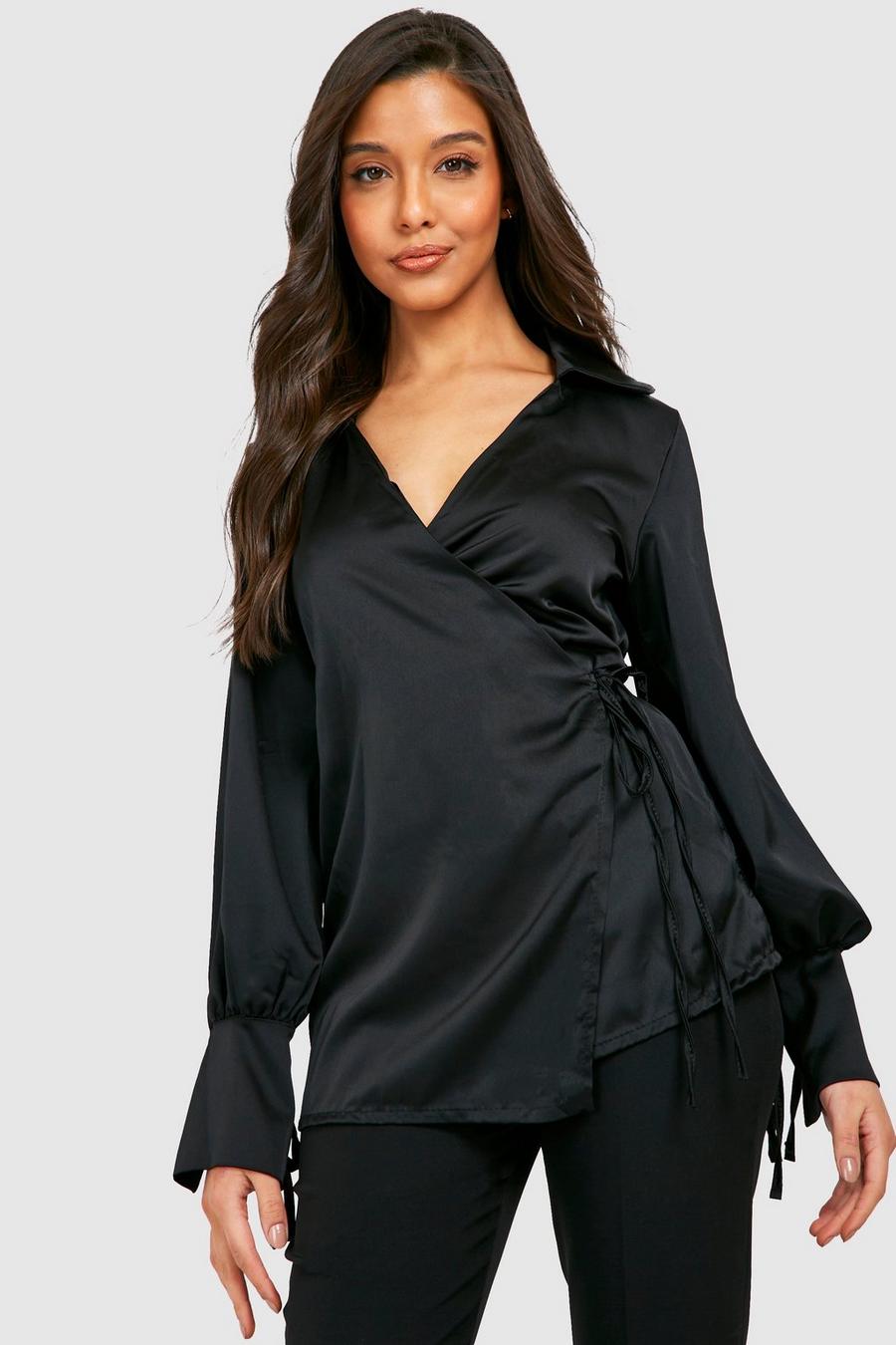 Black Skjorta i satin med omlott och volymärm image number 1