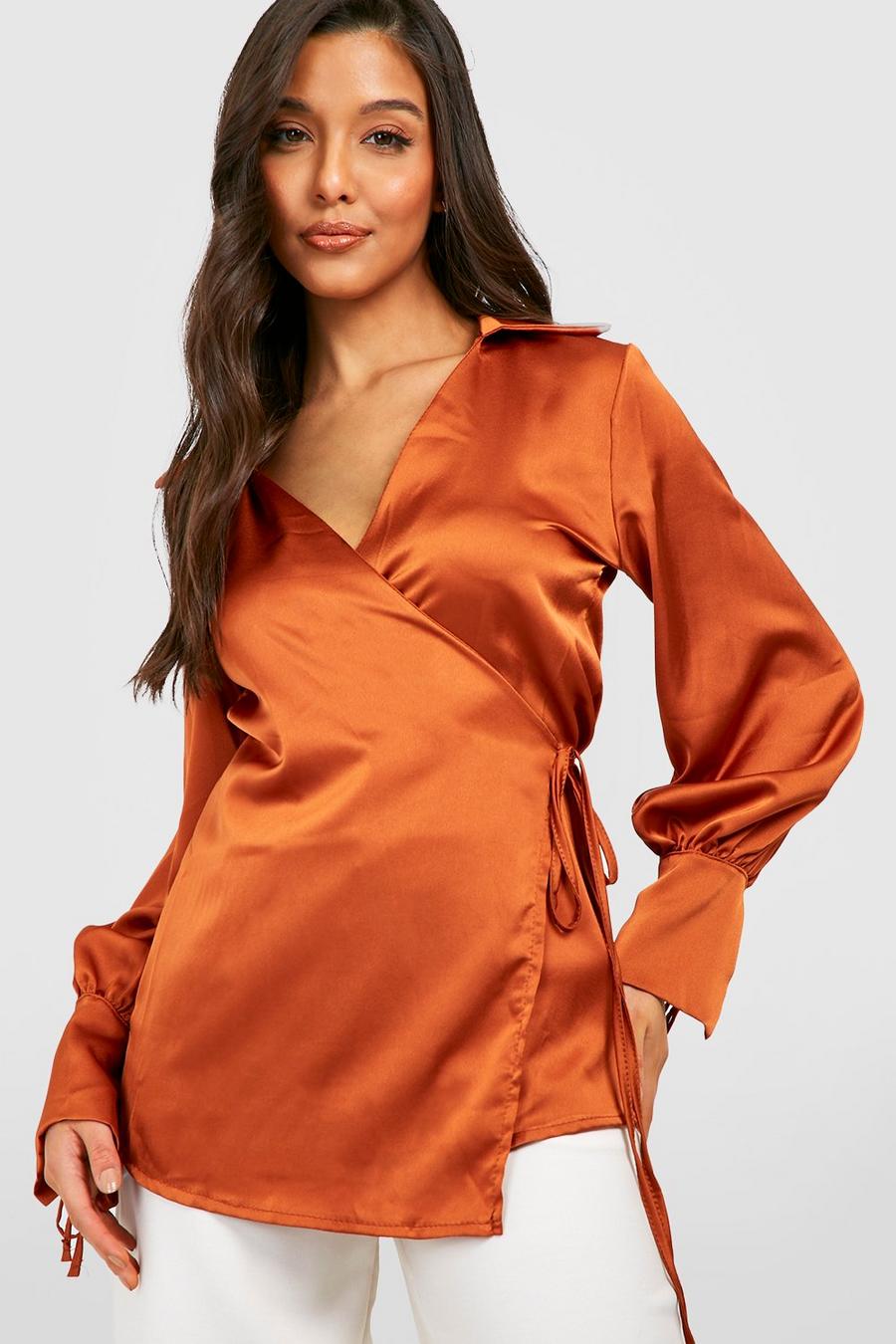 Spice orange Satin Wrap Front Puff Sleeve Shirt image number 1