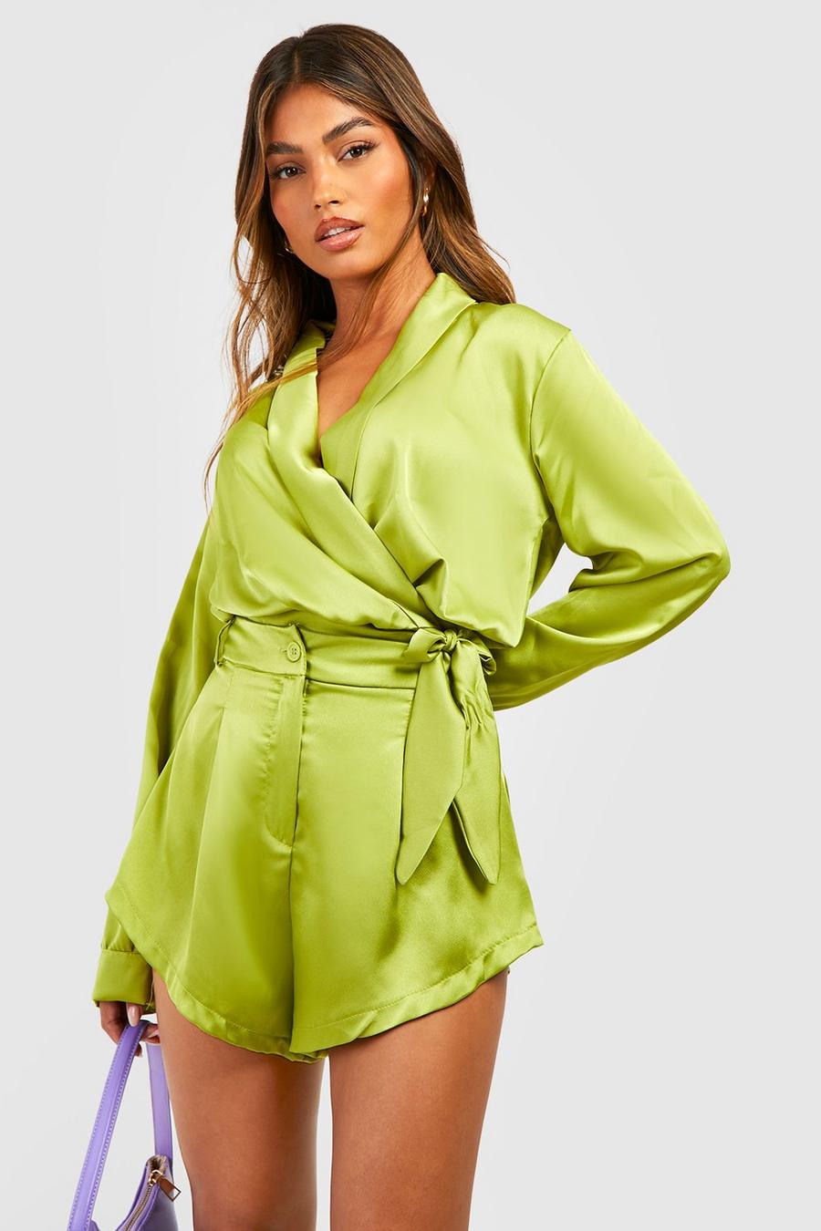 Chartreuse yellow Satin Tie Waist Revere Collar Blouse image number 1