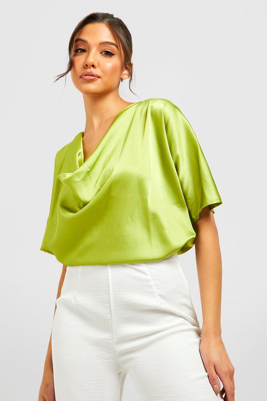 Chartreuse yellow Satin Cowl Neck Short Sleeve Blouse