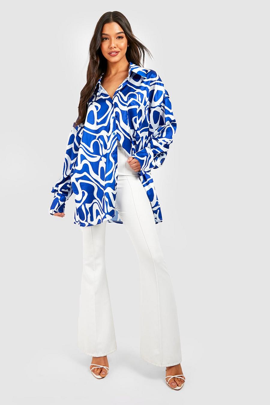Cobalt Abstract Satin Longline Relaxed Fit Shirt image number 1