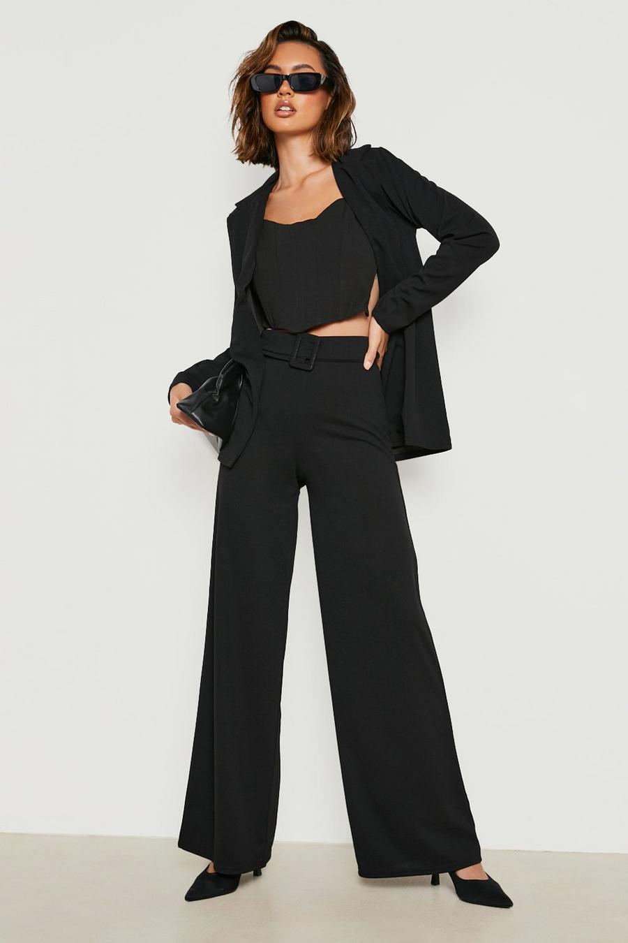 Black Jersey Blazer & Belted Wide Leg Pants Set