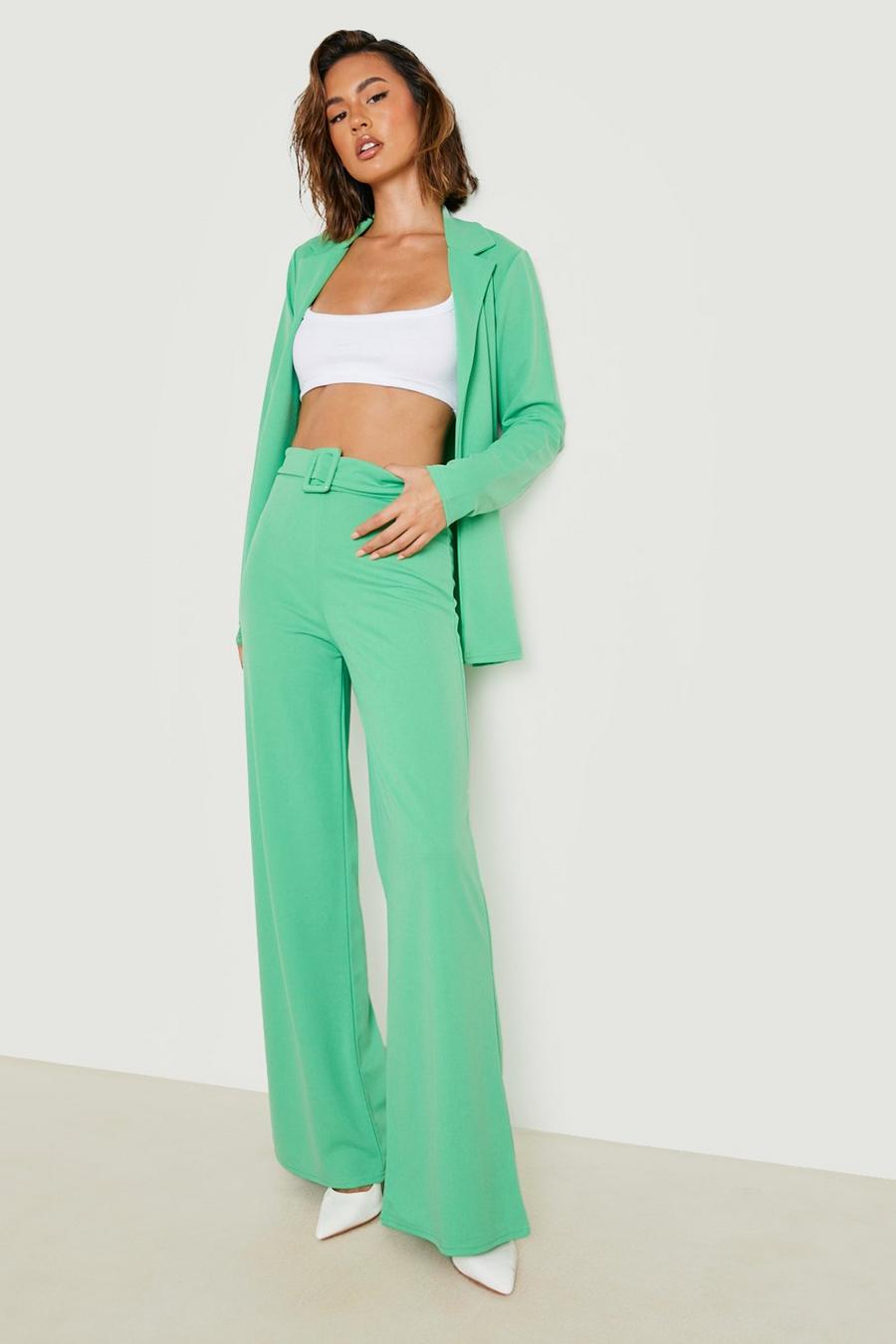 Bright green Jersey Knit Blazer & Belted Wide Leg Pants Set image number 1