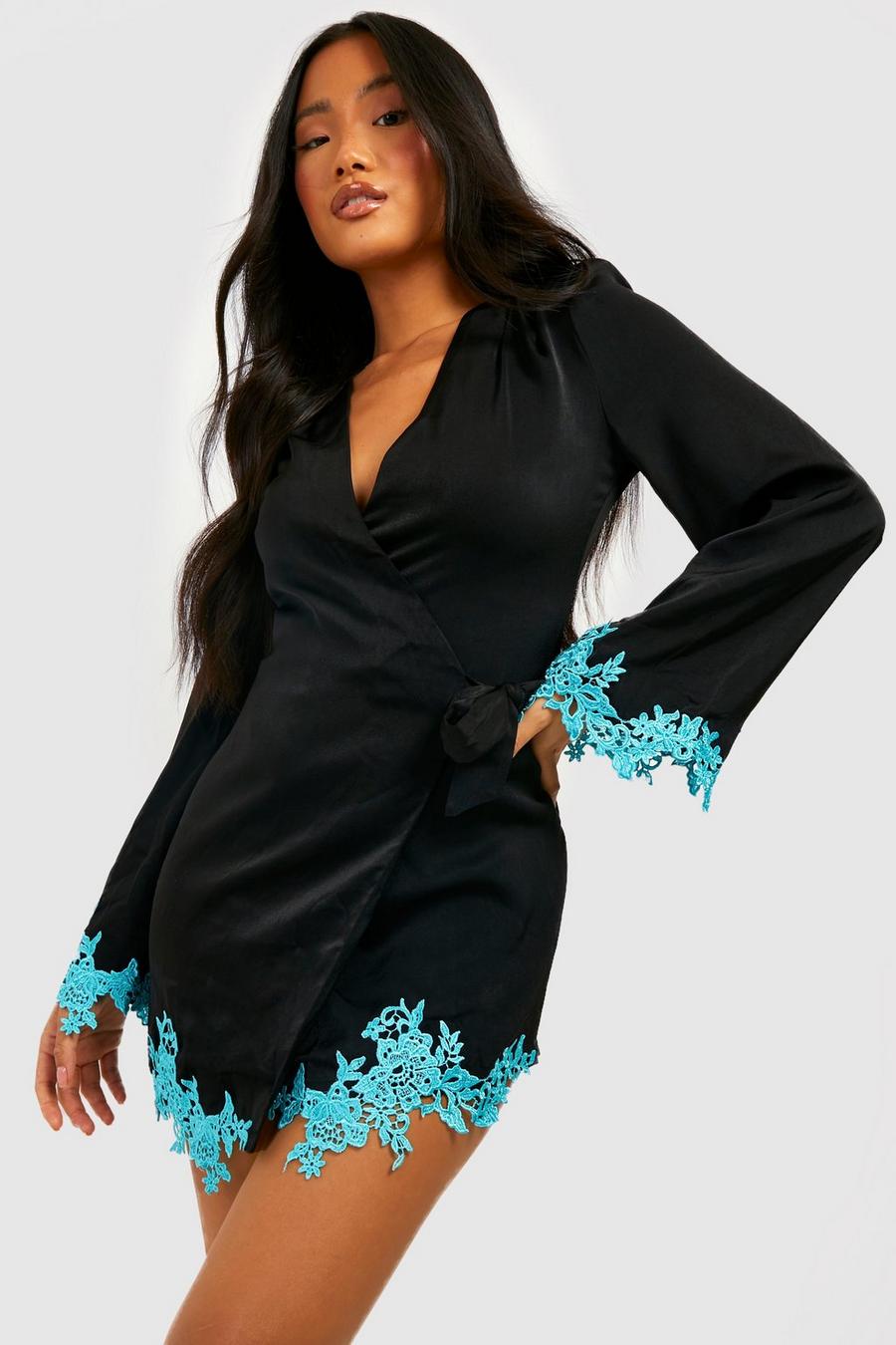Black Petite Lace Applique Flare Sleeve Wrap Dress image number 1