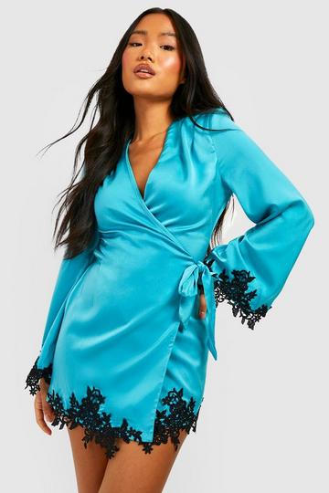 Turquoise Blue Petite Lace Applique Flare Sleeve Wrap Dress