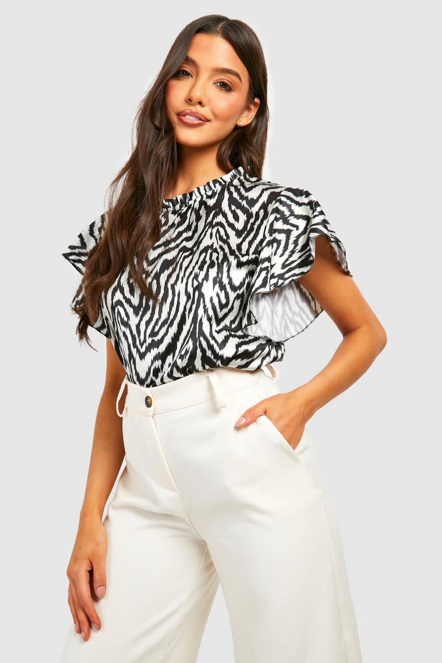 Black Satin Zebra Print Flared Sleeve Blouse image number 1