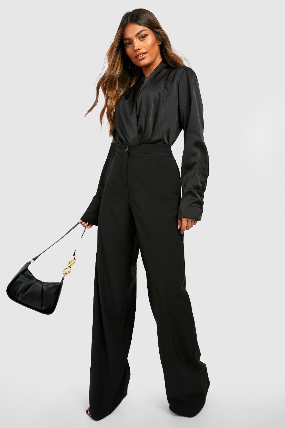 Black Satin Draped Front Long Sleeve Bodysuit