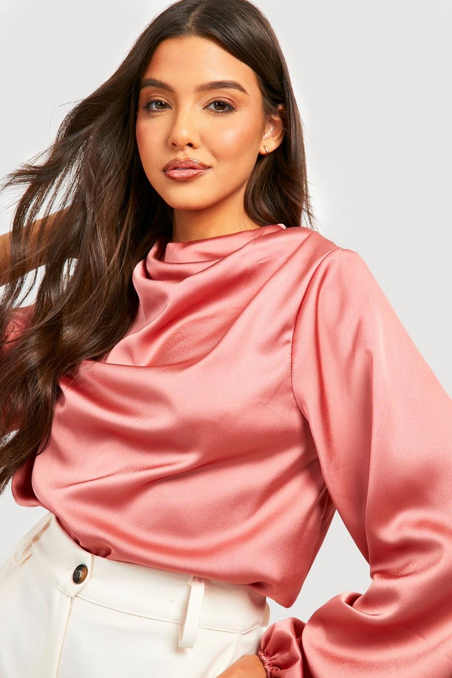 Terracotta Satin Draped Neck Puff Sleeve Blouse image number 1