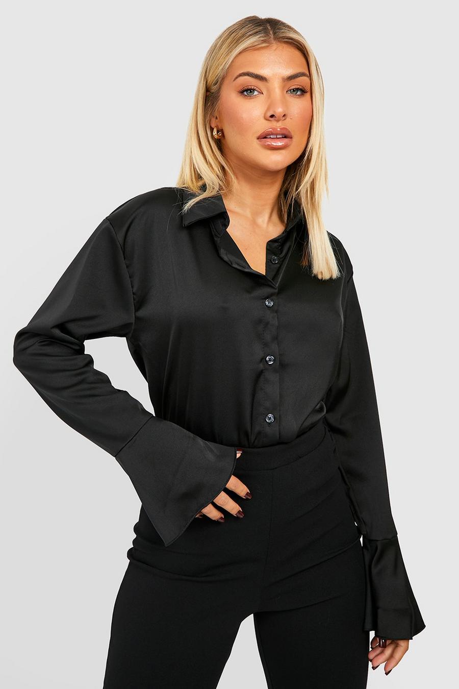 Black Satin Flared Cuff Fitted Shirt  image number 1