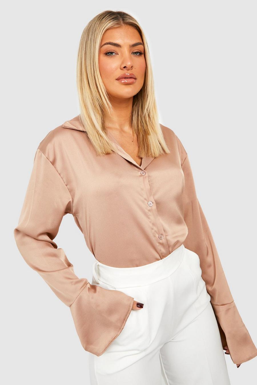 Camel Satin Flared Cuff Fitted Shirt image number 1