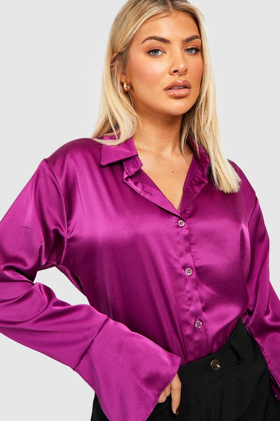 Magenta Satin Flared Cuff Fitted Shirt image number 1