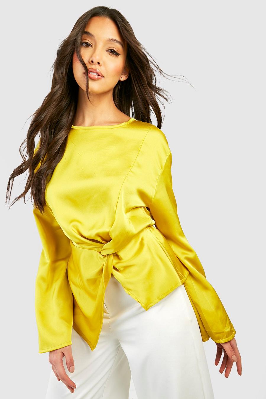 Ochre Satin Knot Detail Flared Sleeve Blouse image number 1