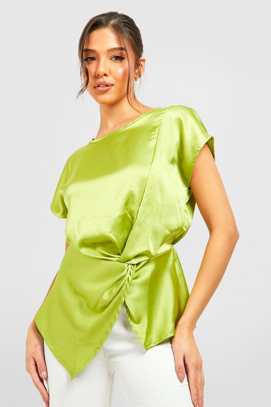 Chartreuse Satin Knot Detail Short Sleeve Blouse image number 1