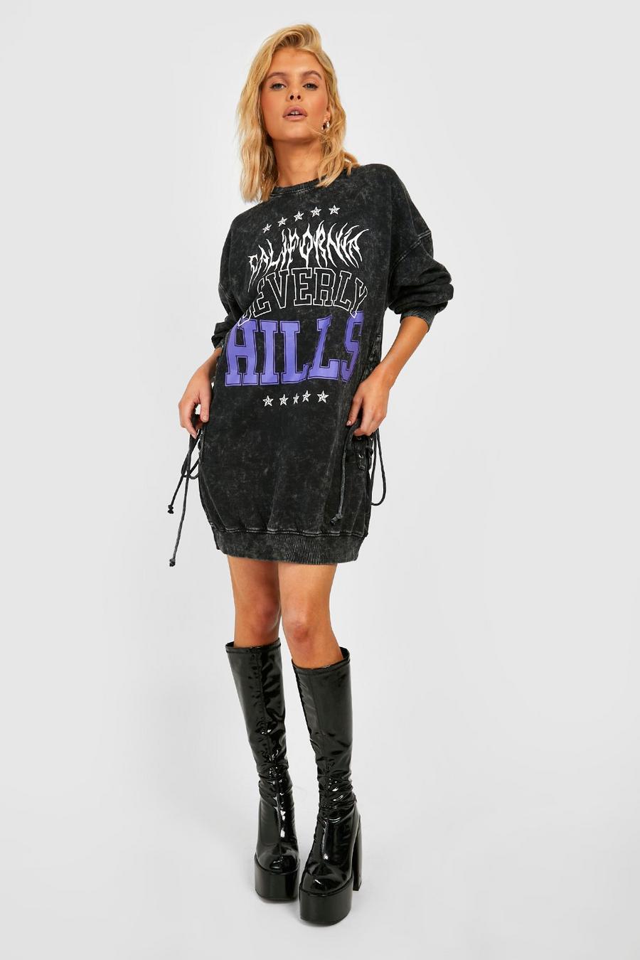 Black Acid Wash Lace Up Graphic Sweatshirt Dress image number 1