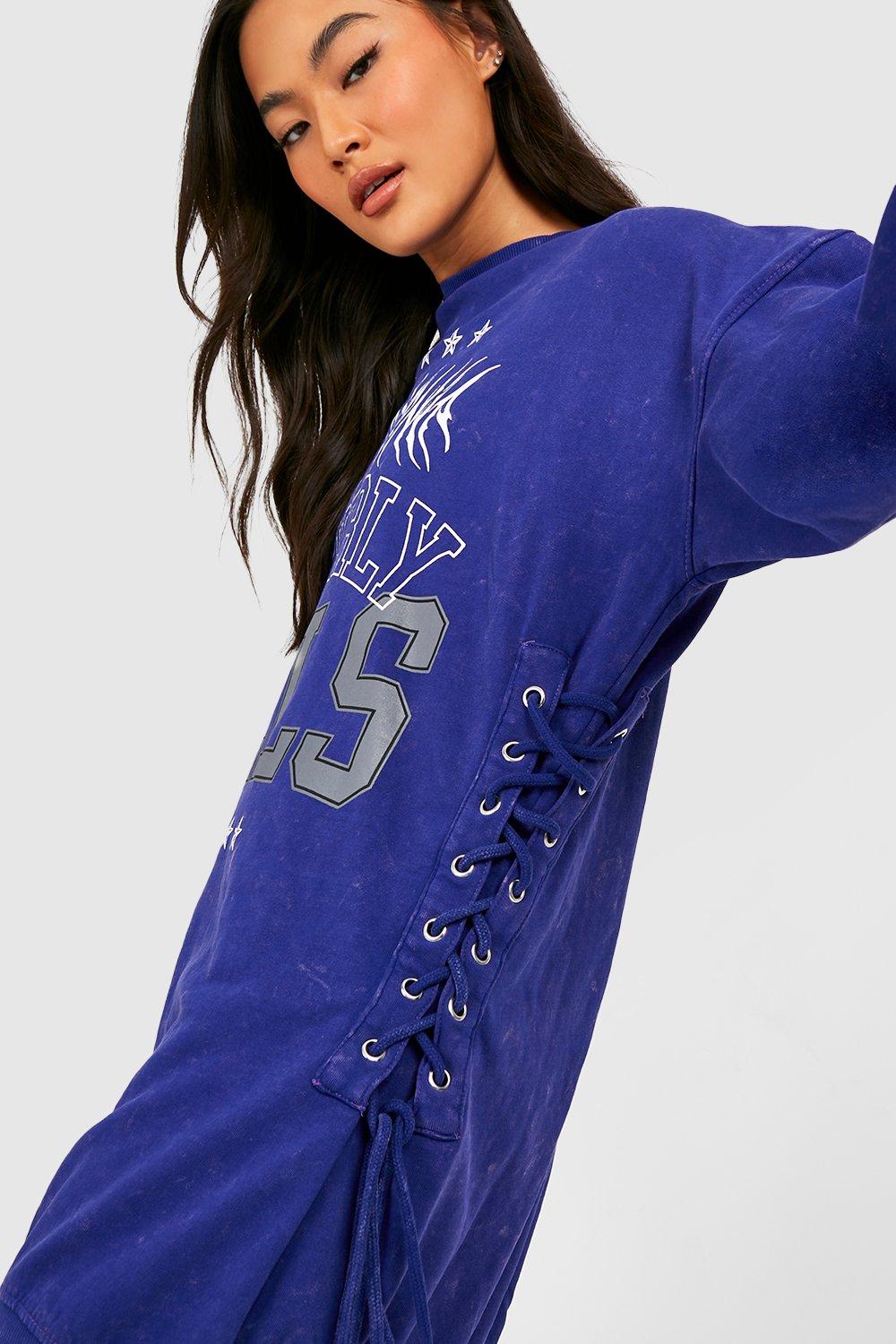 Acid Wash Lace Up Graphic Sweatshirt Dress