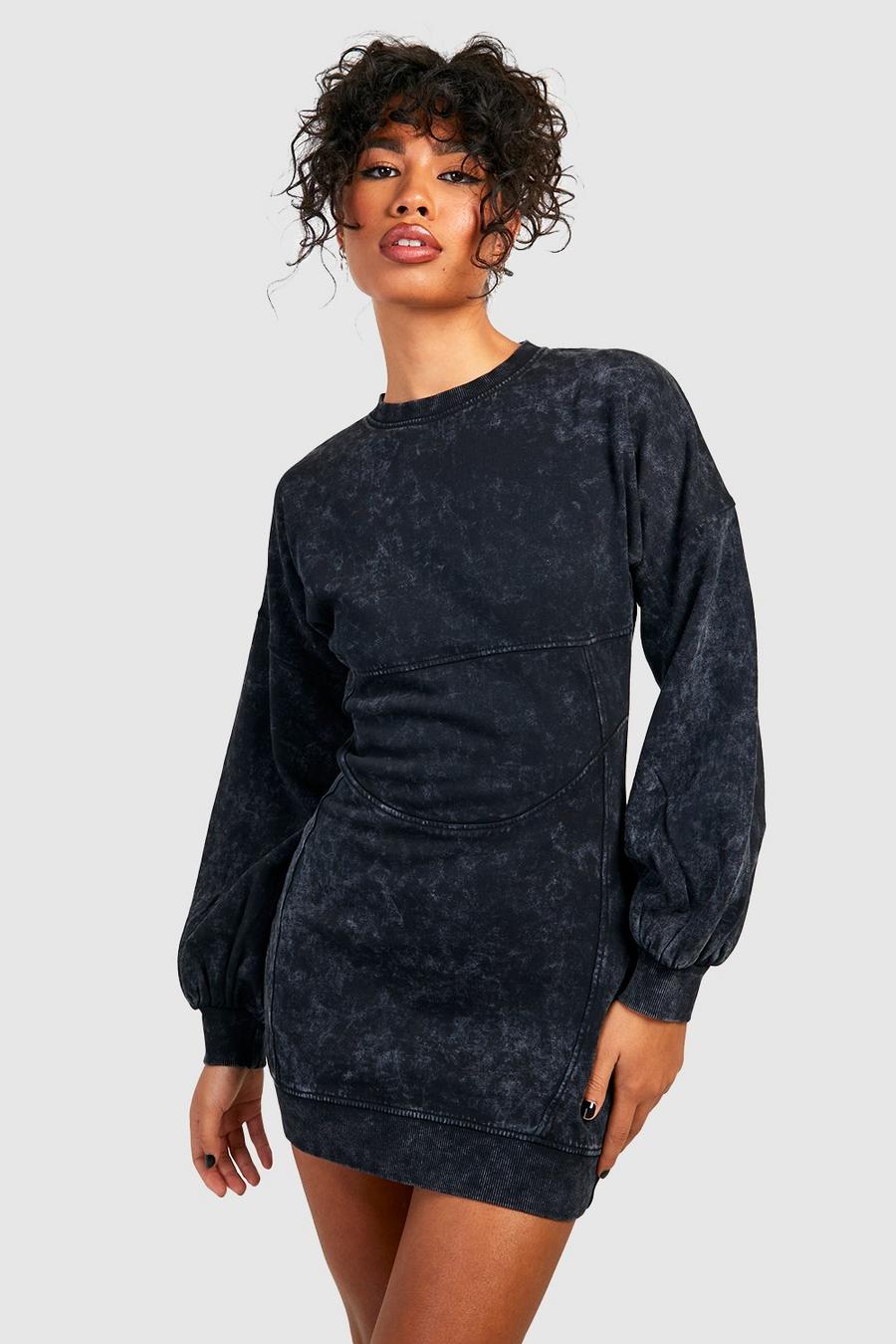 Black Acid Wash Corset Detail Fitted Sweatshirt Dress