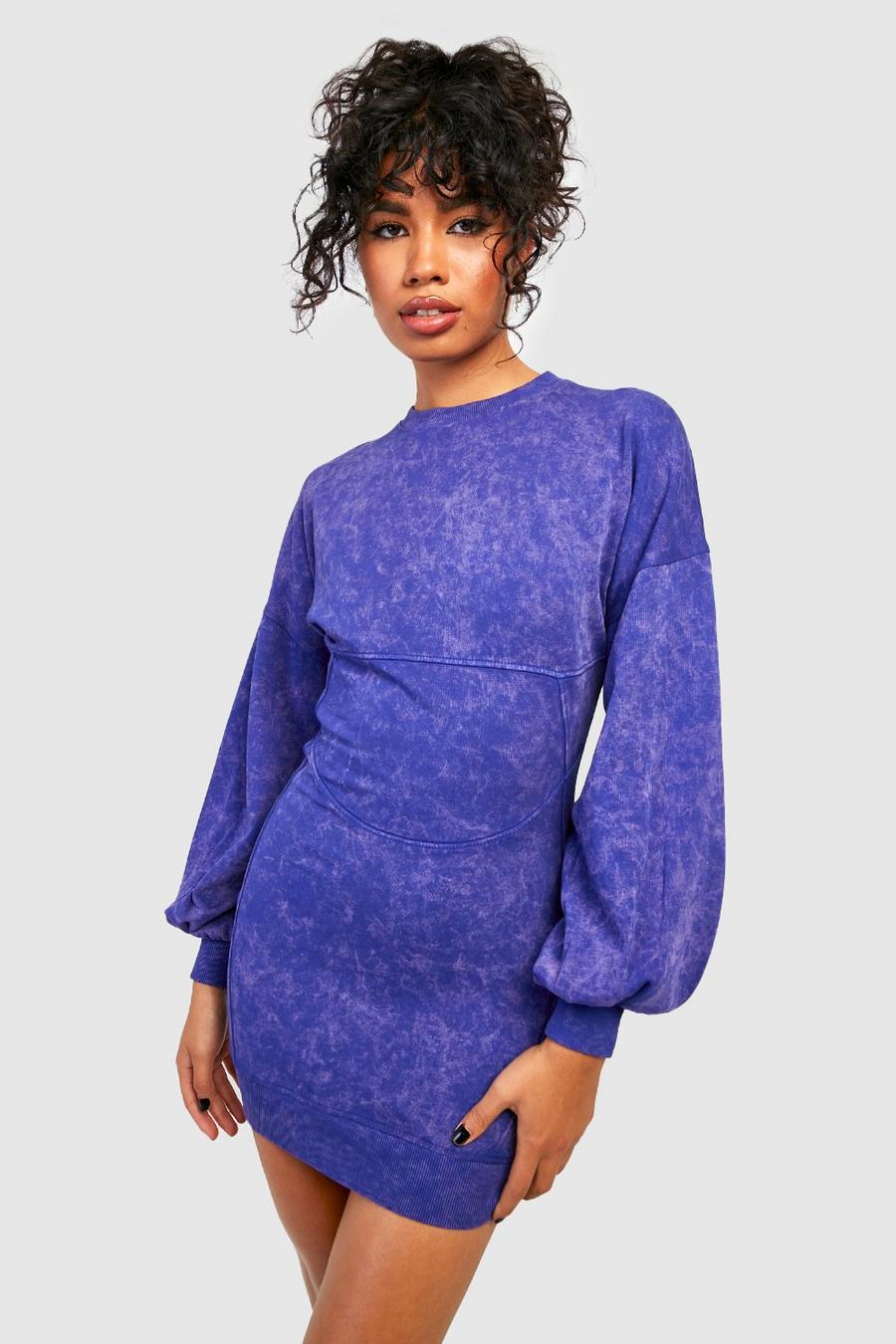 Purple Acid Wash Corset Detail Fitted Sweatshirt Dress image number 1