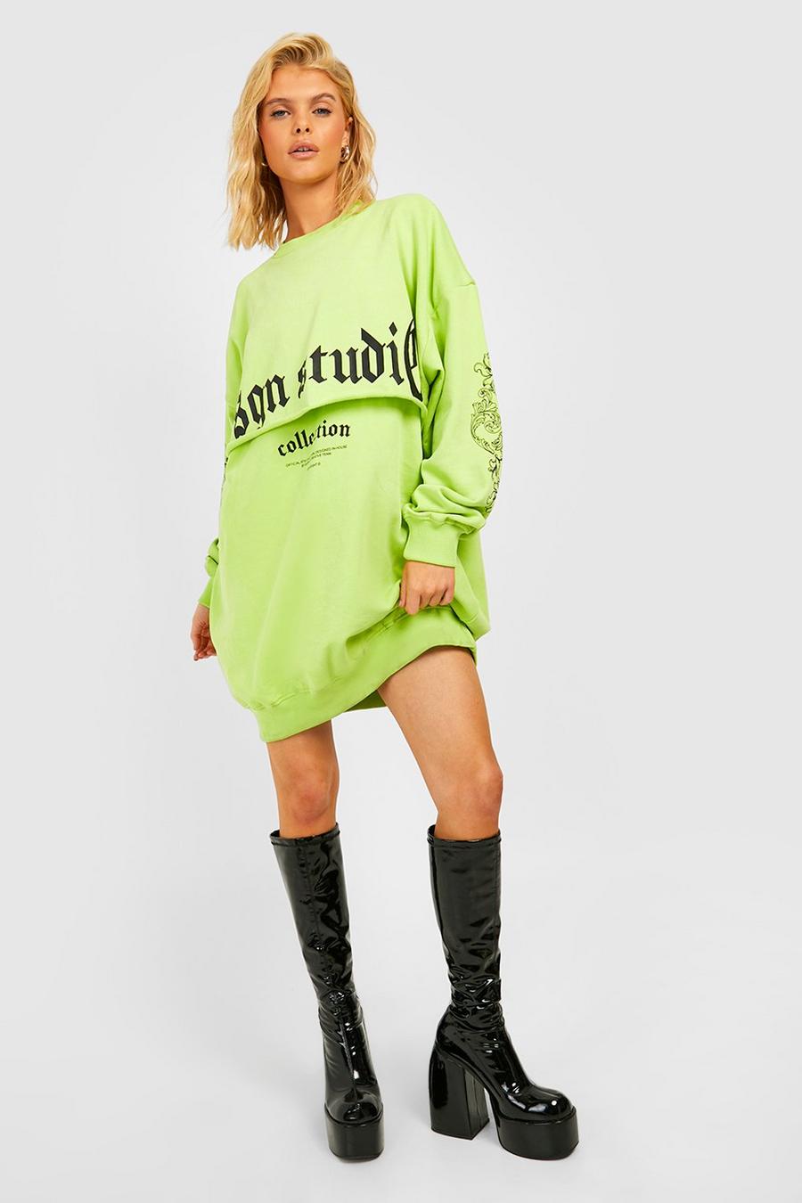 Lime Oversized Acid Wash Shoulder Detail Sweatshirt Dress image number 1