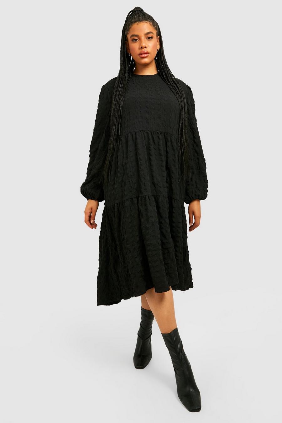 Black Plus Textured Long Sleeve Midi Smock Dress image number 1