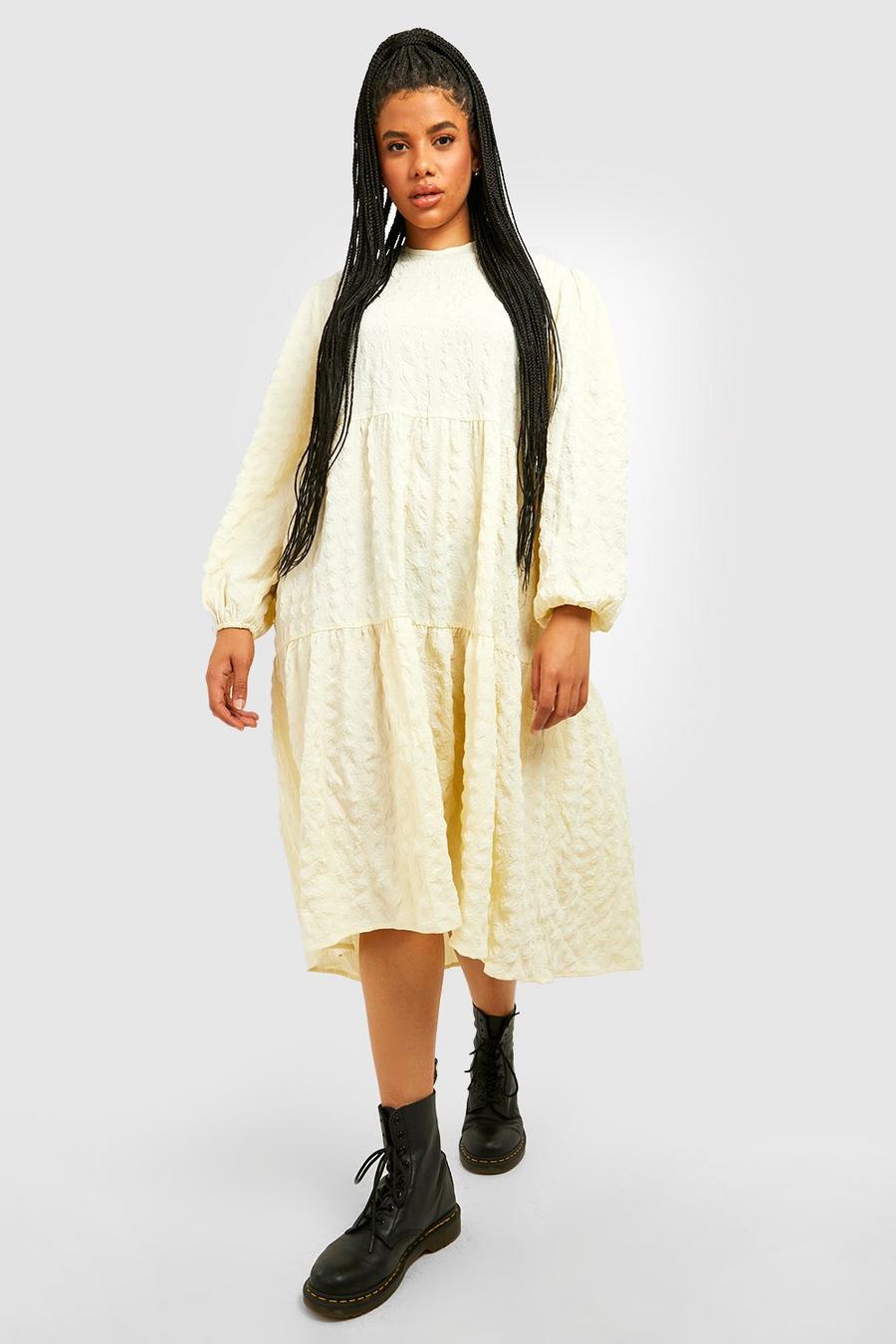 Ecru Plus Textured Long Sleeve Midi Smock Dress image number 1