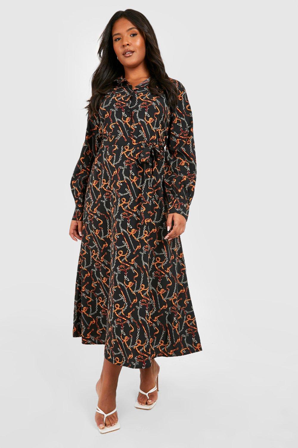 Long-Sleeve Belted Midi Shirt Dress