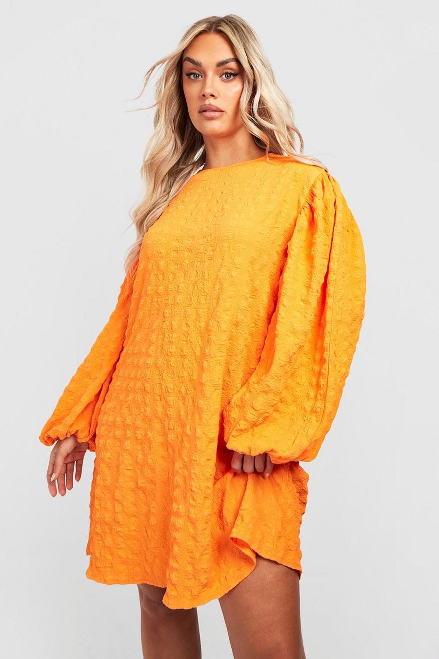 Orange Plus Textured Long Sleeve Smock Dress image number 1