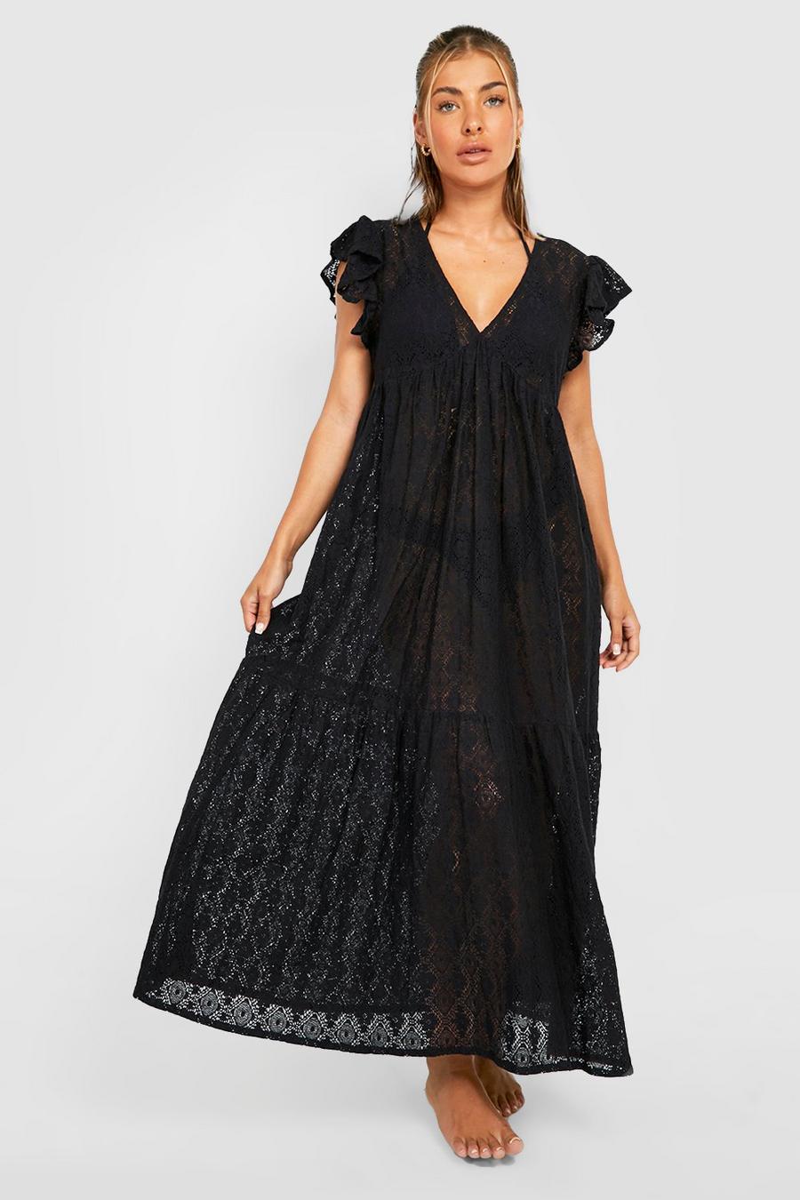 Black svart Lace Ruffle Cover Up Maxi Beach Dress image number 1