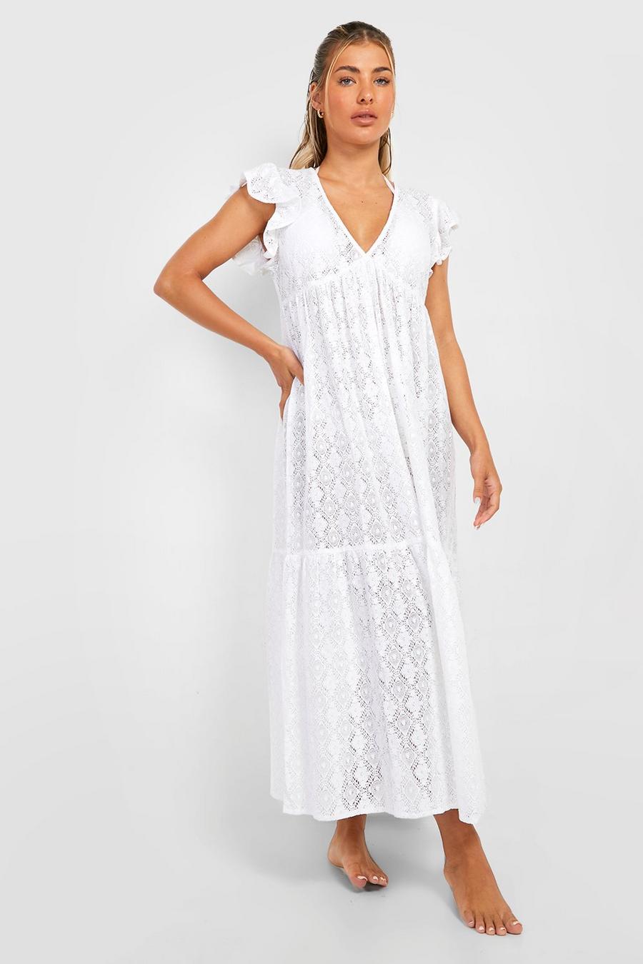 לבן bianco שמלת חוף מקסי מעל בגד הים עם מלמלה ותחרה