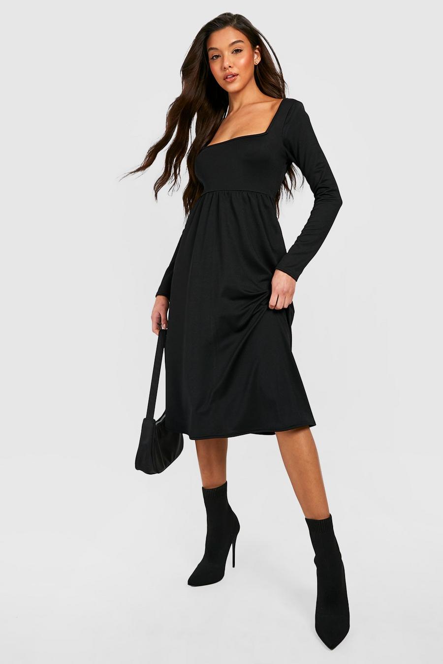 Black Long Sleeve Square Neck Midi Smock Dress image number 1