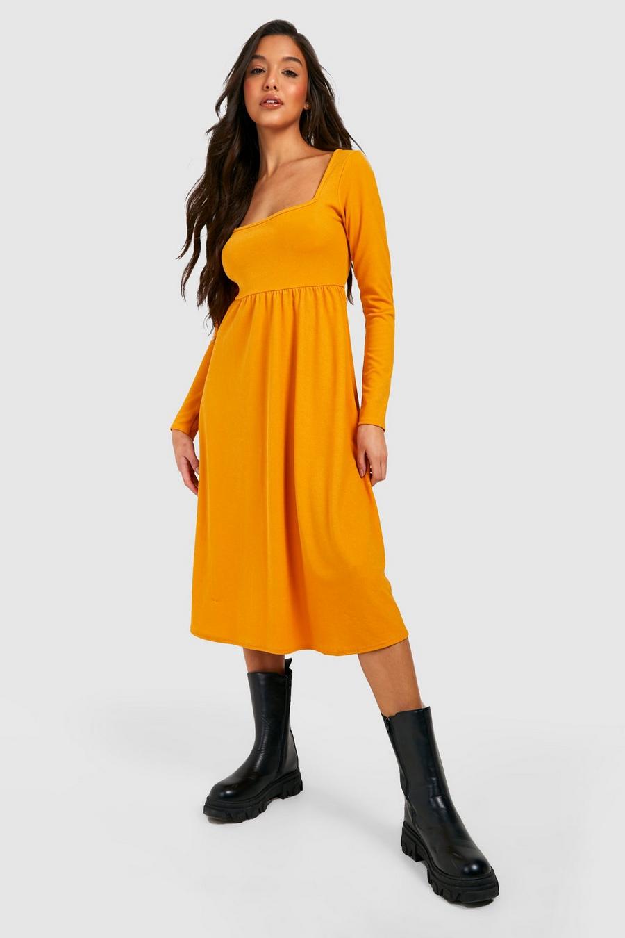 Mustard Long Sleeve Square Neck Midi Smock Dress image number 1
