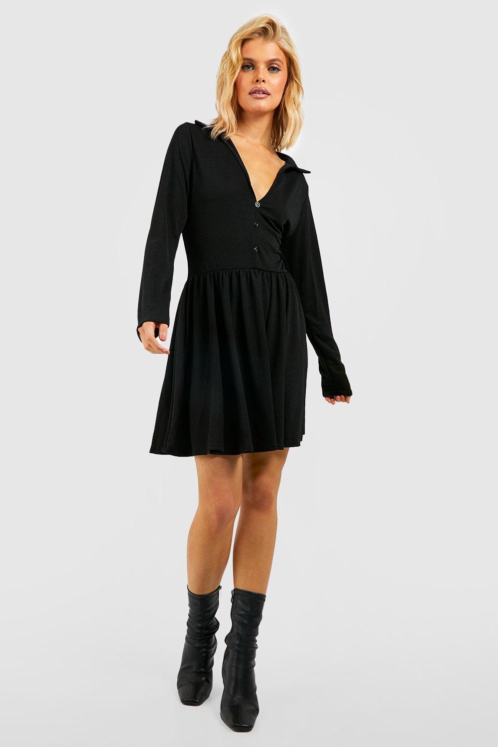 Long Sleeve Plunge Front Skater Dress boohoo