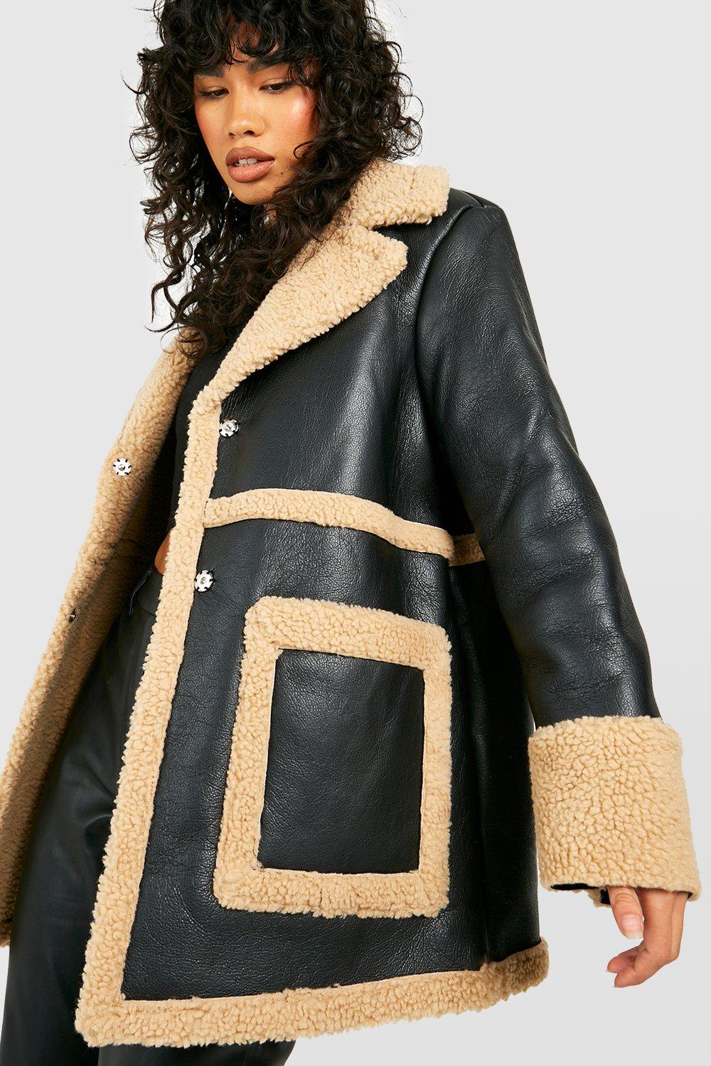 Faux Leather Teddy Trim Coat