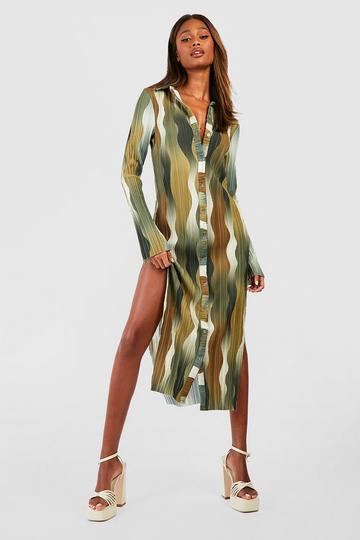 Khaki Printed Plisse Midi Shirt Dress