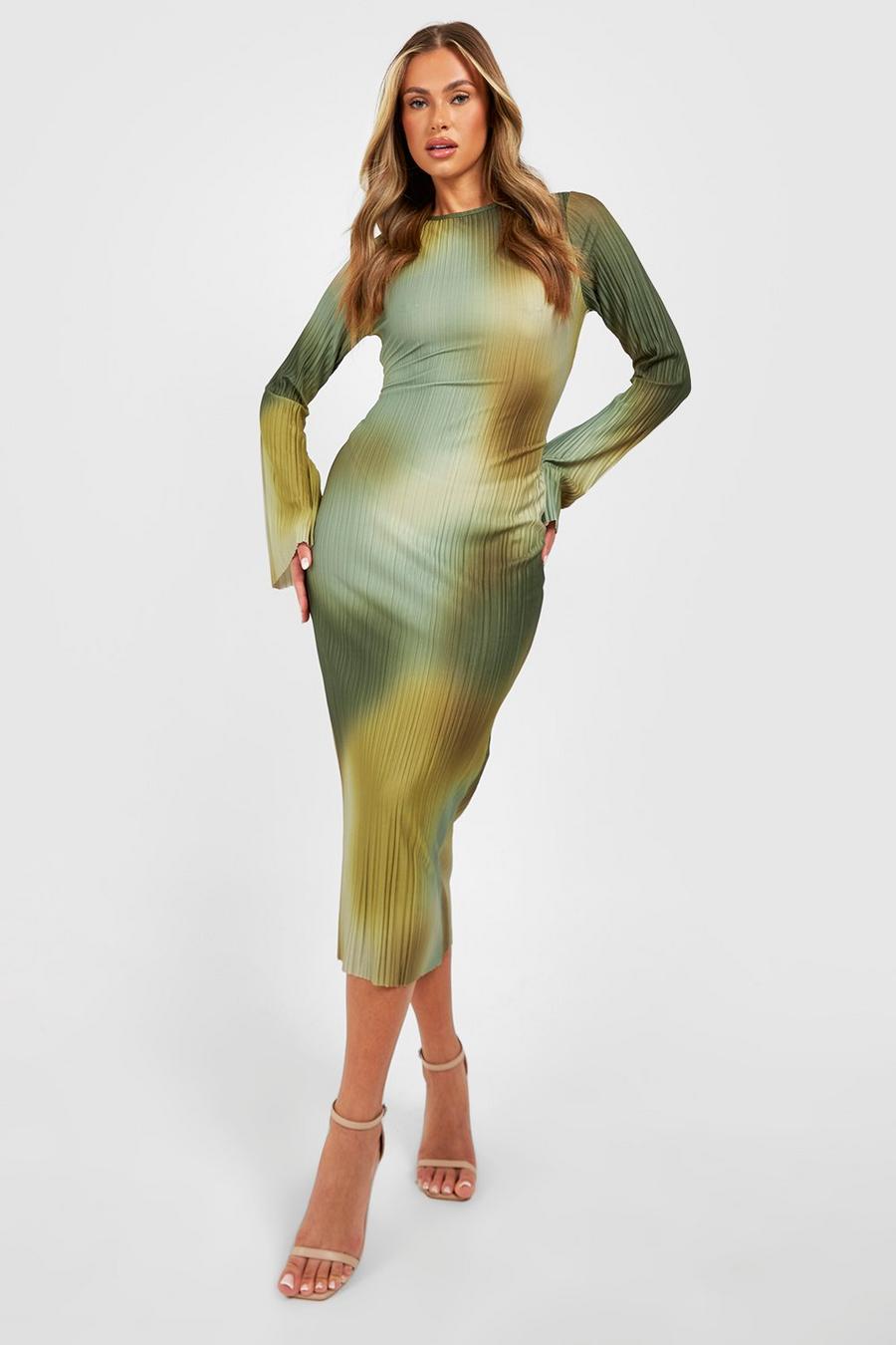 חאקי שמלת מידקסי פליסה עם שרוולים מתרחבים והדפס image number 1